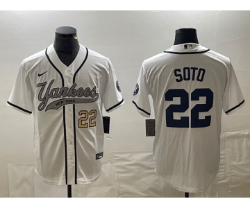 Men's New York Yankees #22 Juan Soto Number White With Patch Cool Base Stitched Baseball Jersey