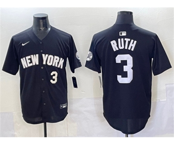 Men's New York Yankees #3 Babe Ruth Black Limited Stitched Baseball Jersey