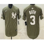Men's New York Yankees #3 Babe Ruth Olive Pinstripe 2026 Armed Forces Day Salute To Service Jersey