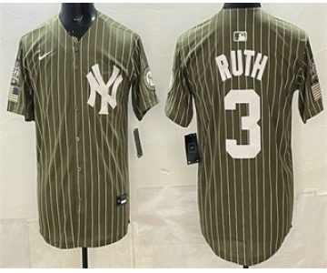Men's New York Yankees #3 Babe Ruth Olive Pinstripe 2026 Armed Forces Day Salute To Service Jersey