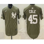 Men's New York Yankees #45 Gerrit Cole Olive Pinstripe 2026 Armed Forces Day Salute To Service Jersey Men's New York Yankees #45 Gerrit Cole Olive Pinstripe 2026 Armed Forces Day Salute To Service Jersey