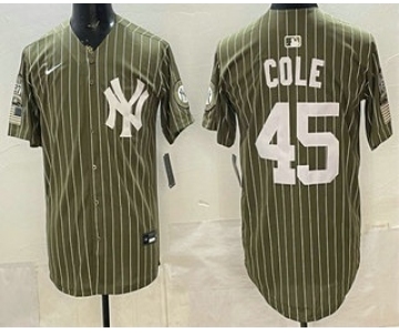 Men's New York Yankees #45 Gerrit Cole Olive Pinstripe 2026 Armed Forces Day Salute To Service Jersey