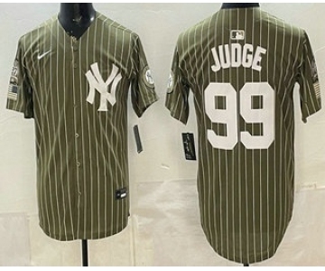 Men's New York Yankees #99 Aaron Judge Olive Pinstripe 2026 Armed Forces Day Salute To Service Jersey