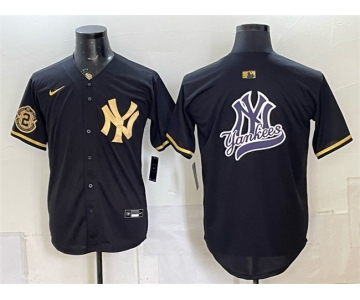Men's New York Yankees Team Big Logo Black Gold With Patch Stitched Baseball Jersey