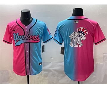 Men's New York Yankees Team Big Logo Pink Blue Limited Stitched Baseball Jersey