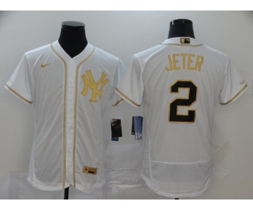 Nike Men's New York Yankees #2 Derek Jeter White Retro gold font Fashion Flex Base Authentic Baseball Jersey