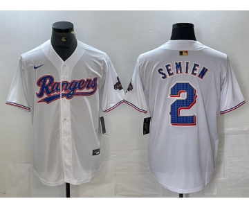 Men's Texas Rangers #2 Marcus Semien White 2023 World Series Champions Cool Base Jersey