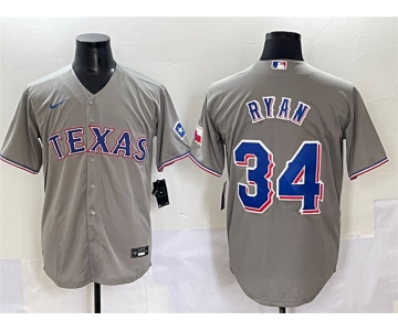 Men's Texas Rangers #34 Nolan Ryan Grey With Patch Cool Base Stitched Baseball Jersey