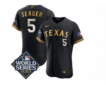 Men's Texas Rangers #5 Corey Seager Black Gold 2023 World Series Flex Base Stitched Baseball Jersey