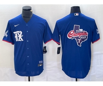Mens Texas Rangers Royal 2023 World Series Champions Big Logo Cool Base Stitched Baseball Jersey