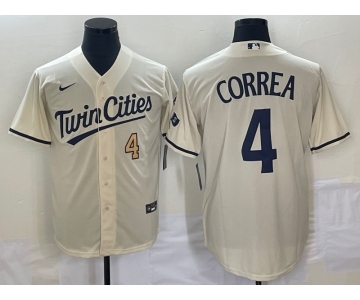 Men's Minnesota Twins #4 Carlos Correa Number Cream 2022 City Connect Cool Base Stitched Jersey
