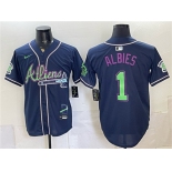 Men's Atlanta Braves #1 Ozzie Albies Navy Galaxy With Outkast Patch Vapor Limited Stitched Baseball Jersey Men's Atlanta Braves #1 Ozzie Albies Navy Galaxy With Outkast Patch Vapor Limited Stitched Baseball Jersey