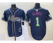 Men's Atlanta Braves #1 Ozzie Albies Navy Galaxy With Outkast Patch Vapor Limited Stitched Baseball Jersey
