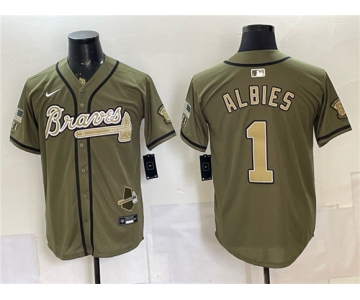 Men's Atlanta Braves #1 Ozzie Albies Olive 2026 Armed Forces Day Stitched Baseball Jersey