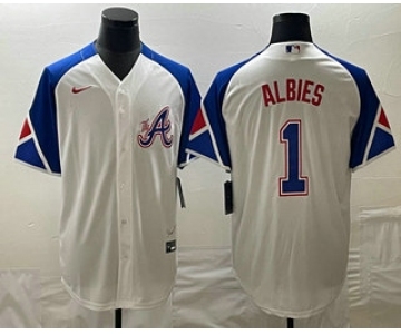 Men's Atlanta Braves #1 Ozzie Albies White 2023 City Connect Cool Base Stitched Jersey