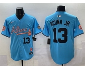 Men's Atlanta Braves #13 Ronald Acuna Jr. Blue 2024 Atliens & Peach With Outkast Patch Vapor Limited Stitched Baseball Jersey Men's Atlanta Braves #13 Ronald Acuna Jr. Blue 2024 Atliens & Peach With Outkast Patch Vapor Limited Stitched Baseball Jersey