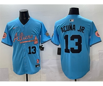 Men's Atlanta Braves #13 Ronald Acuna Jr. Blue 2024 Atliens & Peach With Outkast Patch Vapor Limited Stitched Baseball Jersey