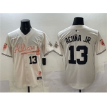 Men's Atlanta Braves #13 Ronald Acuna Jr. Cream 2024 Atliens & Peach With Outkast Patch Vapor Limited Stitched Baseball Jersey Men's Atlanta Braves #13 Ronald Acuna Jr. Cream 2024 Atliens & Peach With Outkast Patch Vapor Limited Stitched Baseball Jersey