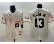 Men's Atlanta Braves #13 Ronald Acuna Jr. Cream 2024 Atliens & Peach With Outkast Patch Vapor Limited Stitched Baseball Jersey Men's Atlanta Braves #13 Ronald Acuna Jr. Cream 2024 Atliens & Peach With Outkast Patch Vapor Limited Stitched Baseball Jersey