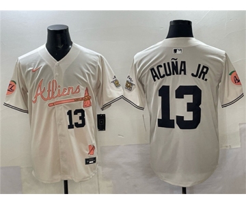 Men's Atlanta Braves #13 Ronald Acuna Jr. Cream 2024 Atliens & Peach With Outkast Patch Vapor Limited Stitched Baseball Jersey