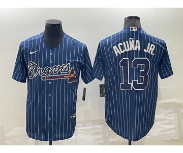 Men's Atlanta Braves #13 Ronald Acuna Jr Navy Blue Pinstripe Stitched MLB Cool Base Nike Jersey