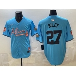 Men's Atlanta Braves #27 Austin Riley Blue 2024 Atliens & Peach With Outkast Patch Vapor Limited Stitched Baseball Jersey