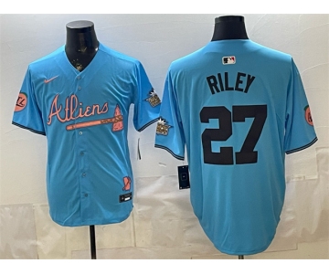 Men's Atlanta Braves #27 Austin Riley Blue 2024 Atliens & Peach With Outkast Patch Vapor Limited Stitched Baseball Jersey