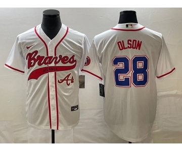 Men's Atlanta Braves #28 Matt Olson White Cool Base With Patch Stitched Baseball Jersey1