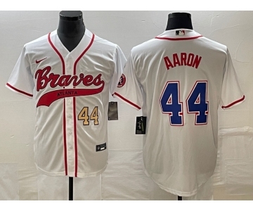 Men's Atlanta Braves #44 Hank Aaron Number White Cool Base With Patch Stitched Baseball Jersey