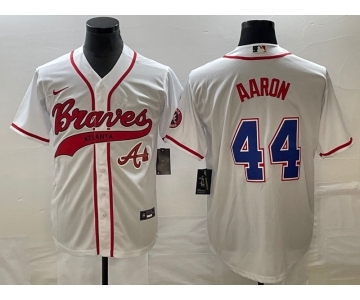 Men's Atlanta Braves #44 Hank Aaron White Cool Base With Patch Stitched Baseball Jersey1