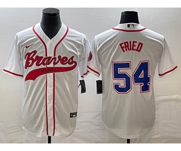 Men's Atlanta Braves #54 Max Fried White Cool Base With Patch Stitched Baseball Jersey1