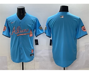 Men's Atlanta Braves Blank Blue 2024 Atliens & Peach With Outkast Patch Vapor Limited Stitched Baseball Jersey