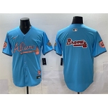 Men's Atlanta Braves Team Big Logo Blue 2024 Atliens & Peach With Outkast Patch Vapor Limited Stitched Baseball Jersey Men's Atlanta Braves Team Big Logo Blue 2024 Atliens & Peach With Outkast Patch Vapor Limited Stitched Baseball Jersey
