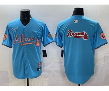 Men's Atlanta Braves Team Big Logo Blue 2024 Atliens & Peach With Outkast Patch Vapor Limited Stitched Baseball Jersey