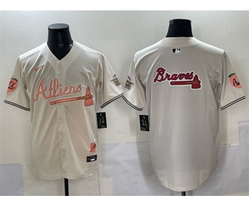 Men's Atlanta Braves Team Big Logo Cream 2024 Atliens & Peach With Outkast Patch Vapor Limited Stitched Baseball Jersey