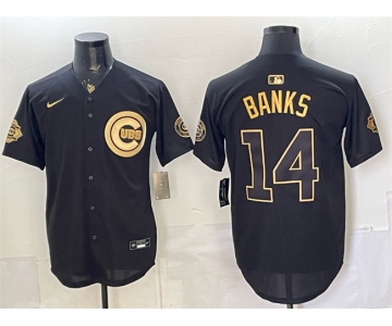 Men's Chicago Cubs #14 Ernie Banks Black Gold 150th Anniversary Patch Stitched Baseball Jersey