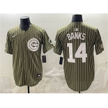 Men's Chicago Cubs #14 Ernie Banks Pinstripe Olive 2026 Armed Forces Day Salute To Service Stitched Baseball Jersey Men's Chicago Cubs #14 Ernie Banks Pinstripe Olive 2026 Armed Forces Day Salute To Service Stitched Baseball Jersey