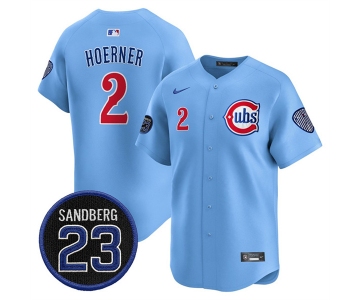 Men's Chicago Cubs #2 Nico Hoerner Blue 'Ryne Sandberg Tribute' Vapor Limited V2 Stitched Baseball Jersey