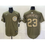 Men's Chicago Cubs #23 Ryne Sandberg Olive 2026 Armed Forces Day Stitched Baseball Jersey