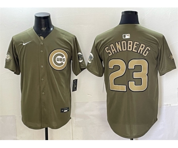 Men's Chicago Cubs #23 Ryne Sandberg Olive 2026 Armed Forces Day Stitched Baseball Jersey