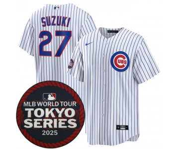 Men's Chicago Cubs #27 Seiya Suzuki White 2025 World Tour Tokyo Series Home Stitched Baseball Jersey