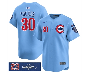 Men's Chicago Cubs #30 Kyle Tucker Blue 'Ryne Sandberg Tribute' Vapor Limited V3 Stitched Baseball Jersey