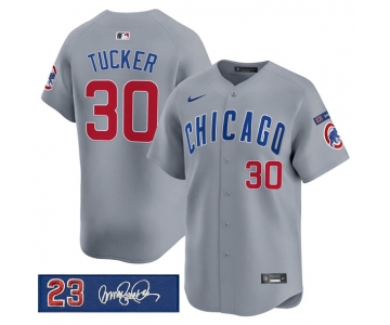 Men's Chicago Cubs #30 Kyle Tucker Gray 'Ryne Sandberg Tribute' Vapor Limited V3 Stitched Baseball Jersey