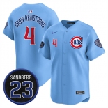 Men's Chicago Cubs #4 Pete Crow-Armstrong Blue 'Ryne Sandberg Tribute' Vapor Limited V2 Stitched Baseball Jersey Men's Chicago Cubs #4 Pete Crow-Armstrong Blue 'Ryne Sandberg Tribute' Vapor Limited V2 Stitched Baseball Jersey