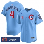 Men's Chicago Cubs #4 Pete Crow-Armstrong Blue 'Ryne Sandberg Tribute' Vapor Limited V3 Stitched Baseball Jersey Men's Chicago Cubs #4 Pete Crow-Armstrong Blue 'Ryne Sandberg Tribute' Vapor Limited V3 Stitched Baseball Jersey