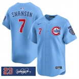 Men's Chicago Cubs #7 Dansby Swanson Blue 'Ryne Sandberg Tribute' Vapor Limited V3 Stitched Baseball Jersey Men's Chicago Cubs #7 Dansby Swanson Blue 'Ryne Sandberg Tribute' Vapor Limited V3 Stitched Baseball Jersey