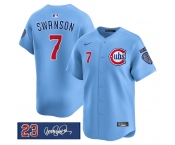 Men's Chicago Cubs #7 Dansby Swanson Blue 'Ryne Sandberg Tribute' Vapor Limited V3 Stitched Baseball Jersey Men's Chicago Cubs #7 Dansby Swanson Blue 'Ryne Sandberg Tribute' Vapor Limited V3 Stitched Baseball Jersey