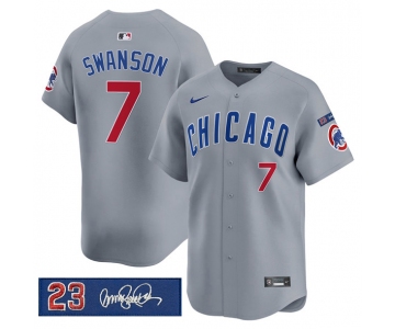 Men's Chicago Cubs #7 Dansby Swanson Gray 'Ryne Sandberg Tribute' Vapor Limited V3 Stitched Baseball Jersey