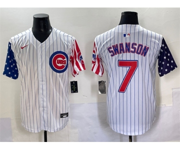 Men's Chicago Cubs #7 Dansby Swanson White Pinstripe 2025 Independence Day Vapor Premier Limited Stitched Baseball Jersey