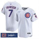 Men's Chicago Cubs #7 Dansby Swanson White Pinstripe 'Ryne Sandberg Tribute' Vapor Limited V3 Stitched Baseball Jersey Men's Chicago Cubs #7 Dansby Swanson White Pinstripe 'Ryne Sandberg Tribute' Vapor Limited V3 Stitched Baseball Jersey